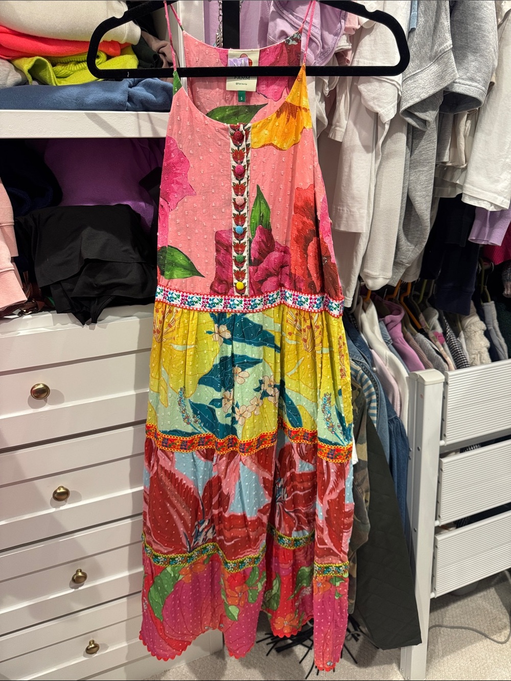 FARM Rio Patchwork Floral Tiered Midi Dress in Pink, Yellow, Red, Green, Blue